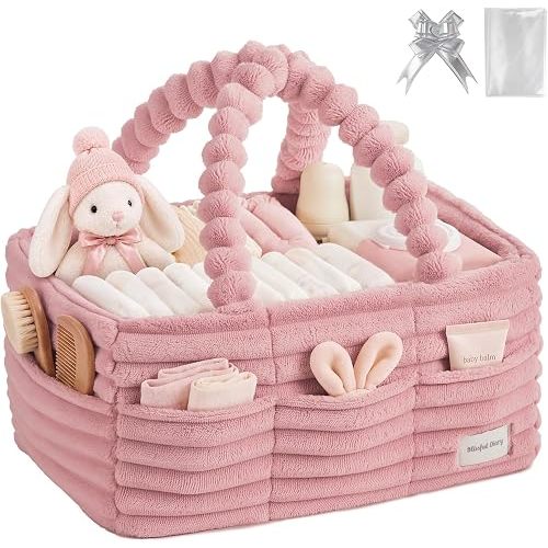 Blissful Diary Flannel Diaper Caddy Organizer with Gift Packaging, Portable Nursery Storage Basket, Gift for Baby Shower, Newborn Boys & Girls Essentials, Registry Search Must Haves, Blush Pink