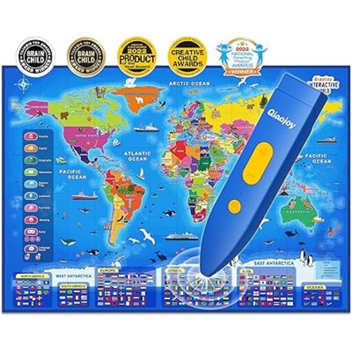 Qiaojoy Bilingual Interactive World Map for Kids Learning and Educational Toys, Talking Electronic Kids World Map i-Poster Geography Games Ages 3 to 12 Years Old, Custom Talking Birthday Gifts Card