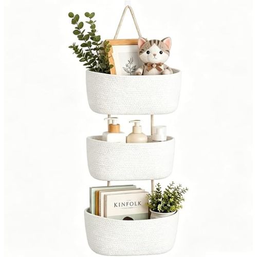 Woven Cotton 3-Tier Over the Door Basket, Boho Versatile 3 Layers Storage Basket, Hanging Wall Baskets for Organizing, Removable Wall Mounted Organizer Decor for Kitchen, Bedroom