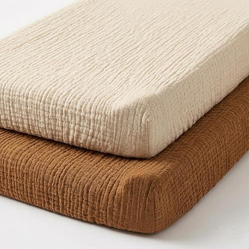 Muslin Changing Pad Cover, Baby Diaper Changing Table Pad Sheets, Cotton Soft Breathable Fitted, Boys Girls Neutral 2 Pack (Brown&Beige)