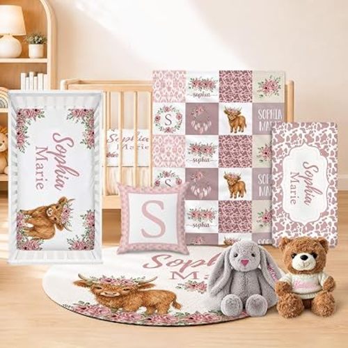 Personalized Highland Cow Crib Bedding Set 5 Pcs for Gifts for Girl