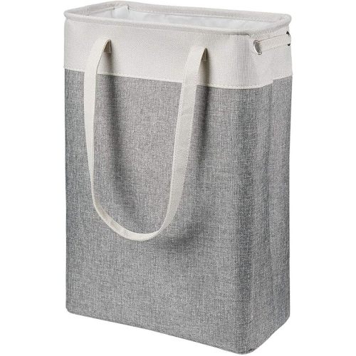 i BKGOO Laundry Basket with Handles Beige&Grey-Slim Laundry Bin Collapsible Dirty Clothes Basket Narrow Laundry Bag Foldable Dirty Hamper for Camping, Dorms, Apartments