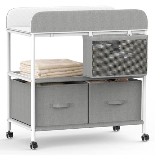 Baby Changing Table, Portable Diaper Changing Station, Changing Table with Wheels, Waterproof Changing Pad, Removable Storage Baskets & Safety Belt, Mobile Nursery Organizer for Newborns