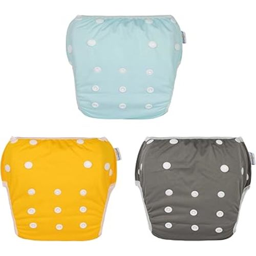 Babygoal Neutral Baby Swim Diapers 3 Pack for 0-8 Months Infant Girls and Boys, Reusable Adjustable Washable for Swimming Lessons-Blue,Yellow,Grey