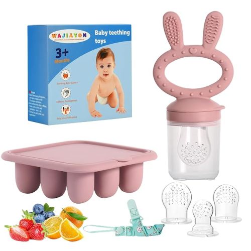 Baby Breastmilk Popsicle Molds & Baby Fruit Feeder (4 Pack), Infant Food Freezer Tray Storage Containers, Silicone Teething Pacifier Feeder and Teether for Babies(Pink&Purple)