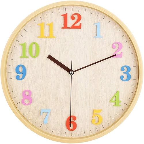Topkey 12" Wooden Look Wall Clock Silent Non-Ticking 3D Numbers Colorful Decorative Round Clock for Living Room, Bedroom and Office Battery Not Included - Light Brown