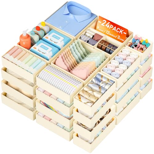 DIMJ Drawer Organizer Clothes Storage - 24 Pack Baby Dresser Organizer for Nursery Closet Organization, Fabric Drawer Organizer Bins for Underwears Socks Bras, Foldable Storage Dividers for Bedroom