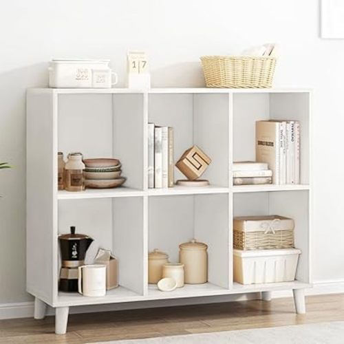 IOTXY Open Cube Low Bookcase - 2-Tier Freestanding Storage Display Cabinet Organizer with Legs for Home Office, 6-Cubes Open Shelf Short Bookshelf, White