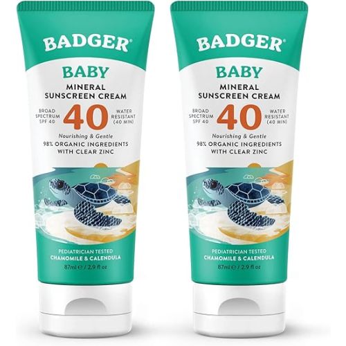 Badger Mineral Baby Sunscreen Cream SPF 40, 98% Organic Toddler Sunscreen with Zinc Oxide, Broad Spectrum, Reef Safe, Water Resistant, Pediatrician Tested Baby Sunblock, 2.9 fl oz, 2-Pack