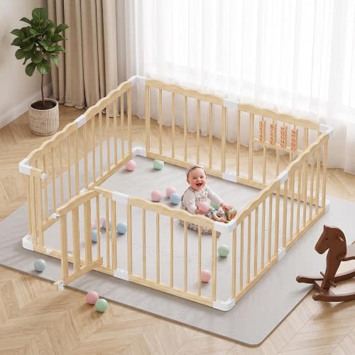 Wooden Baby Playpen, 48"x48"x24" Foldable Play Yard with Built-in Toys, 8 Panel Baby Fence Lockable Door, for Babies and Toddlers, CPC Certified