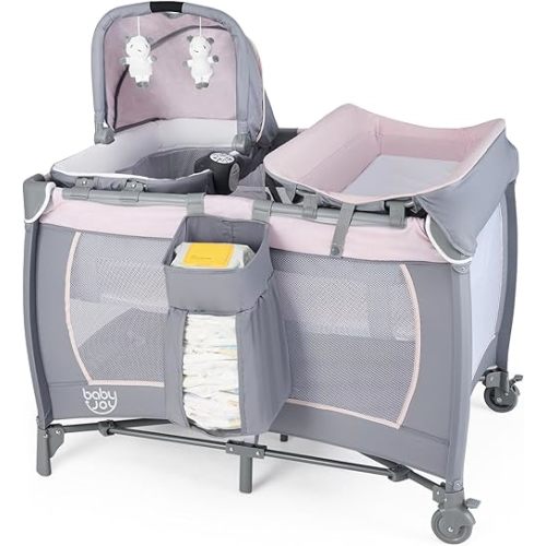 BABY JOY 5 in 1 Pack and Play, Portable Baby Playard w/Bassinet & Diaper Changing Table, Infant Pink Bassinet Crib with Toys & Music & Oxford Bag for Baby Girl Toddlers (Pink + Purple, Classic)