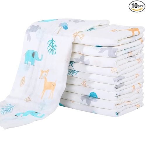 Yoofoss Muslin Burp Cloths for Baby 10 Pack 100% Organic Cotton Baby Washcloths for Boys Girls Large 20''X10'' Super Soft and Absorbent Elephant