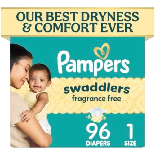 Pampers Swaddlers Diapers, Size 1 (8-14 lbs), 96 Count, Fragrance Free, Hypoallergenic, Absorbent, Pediatrician Recommended, Skin Safe