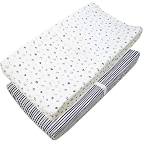 American Baby Company 2 Pack Printed 100% Cotton Knit Fitted Contoured Changing Table Pad Cover - Compatible with Mika Micky Bassinet, Gray Stripes and Sports, for Boys and Girls