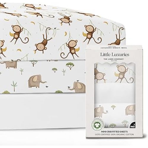 100% Organic Cotton Mini Crib Sheets (3-Pack) - GOTS Certified - Breathable Pack n Play Sheets Fitted - Double-Elastic for Secure Fit, Extra Protection for Your Baby - Gender-Neutral Prints (27"x39")