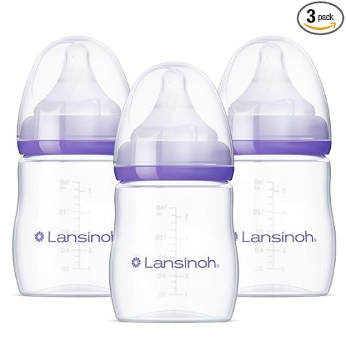 Lansinoh Anti-Colic Baby Bottles, BPA-Free Plastic, 5 Ounces, 3 Count, Slow Flow Nipples (Size S), Breastfeeding Bottle with NaturalWave Design, Baby Essentials