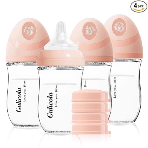 Gulicola Natural Glass Baby Bottle 4 Pack, Newborn Breastfeeding Bottles Set, Extra Slow Flow Nipples (SS), Anti Colic, 0 Months+, 5 oz - Pink