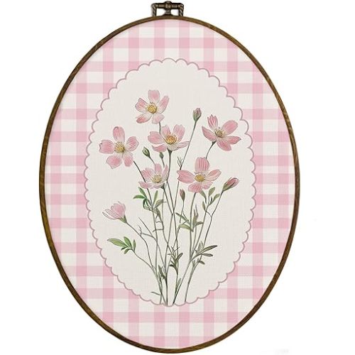 dvhdajed Pink Grandmillennial Floral Oval Wall Art Decor, Preppy Cottagecore Flower Framed Canvas Art, Retro Pink and White Checkered Floral Wall Hanging Decor for Girls Room Pastel Bedroom,8.7x11.3
