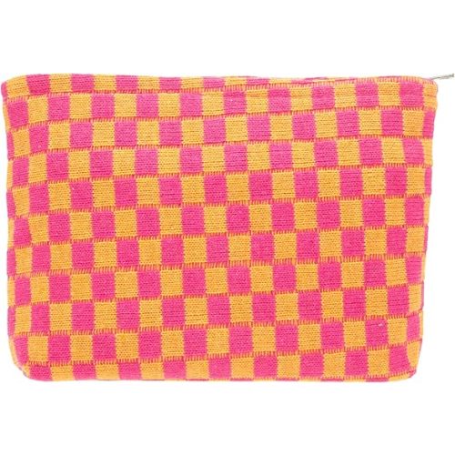 PAZIMIIK Knitted Checkered Makeup Bag Large Zipper Make Up Accessory Pouch for Purse Cosmetic Brush Bag for Travel Red Orange