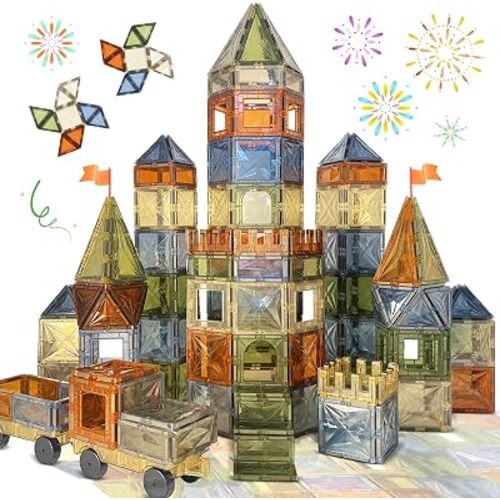 100PCS Magnetic Tiles Montessori Toys Magnetic Blocks Kids Games STEM Classroom Educational Learning Sensory Magnet Natural Toy for Toddler Boys Girls 3+ Year Old with 2 Cars