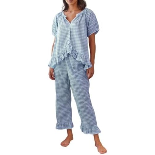 Argeousgor Women Plaid 2 Piece Pajama Set Button Down Puff Sleeve Babydoll Shirt Gingham Pants Pj Lounge Set Sleepwear