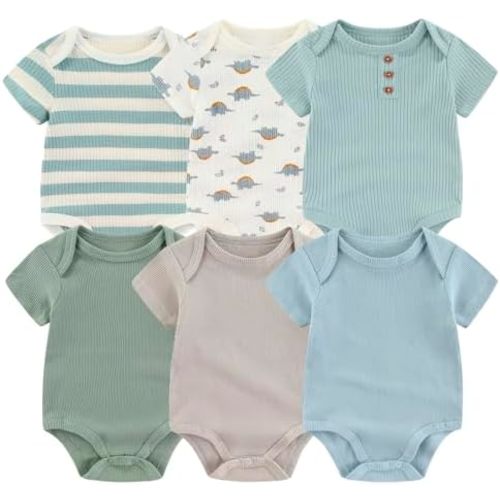 MAMIMAKA Newborn Baby Boy Girl Short Sleeve Bodysuits Cotton One-Piece Baby Clothes 6-Pack