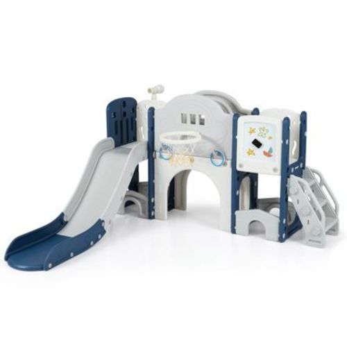 Costway 10 in 1 Toddler Slide Set with Magnetic Whiteboard, Telescope Ring Toss for Ages 3+ Gray+Blue
