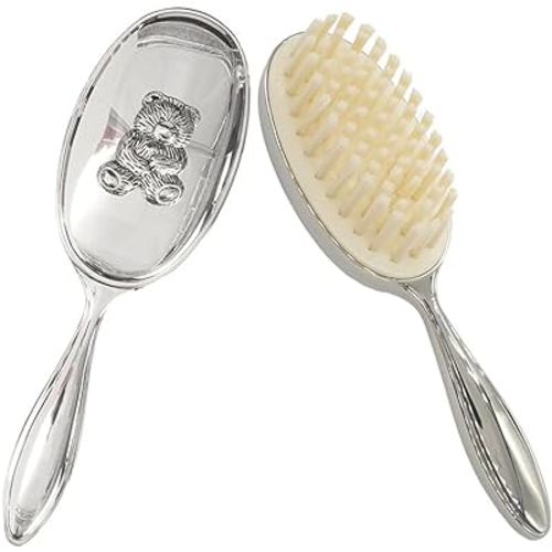 Silver Plated Keepsake Cute Bear Baby Hair Brush for Toddler Girl or Boy with Curly and Thick Hair, for Wet or Dry Newborn Infant Hair, Soft Bristle That Won't Shed, Gift Box Package for Gift Giving