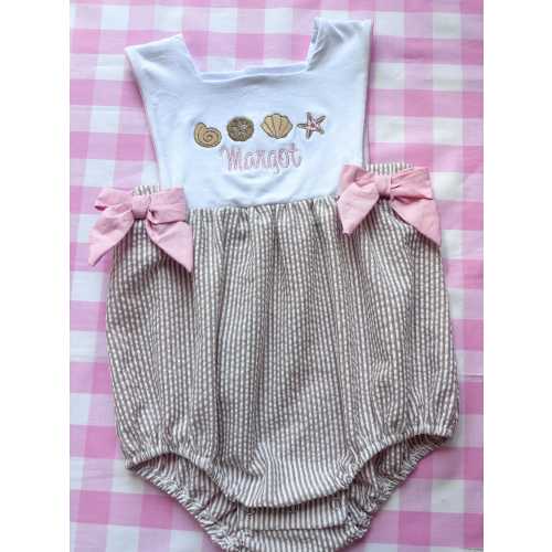 Personalized Seersucker Baby Romper – Embroidered Monogram, Beach Outfit