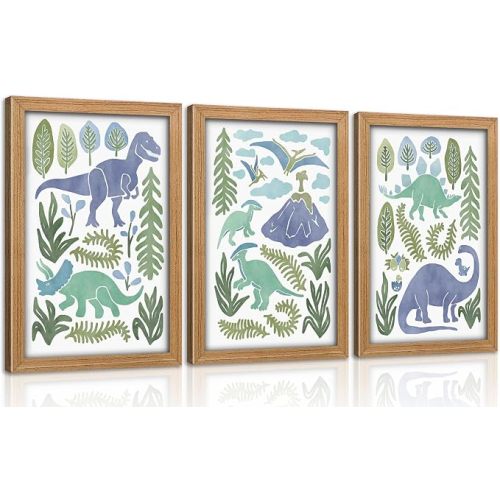 Framed Baby Boys Nursery Wall Art Blue Green Dinosaur Pictures Wall Decor Stegosaurus T-Rex Triceratops Pterodactyl Posters Artwork Watercolor Dino Painting Prints for Kids Room Toddler Boy Room Decor