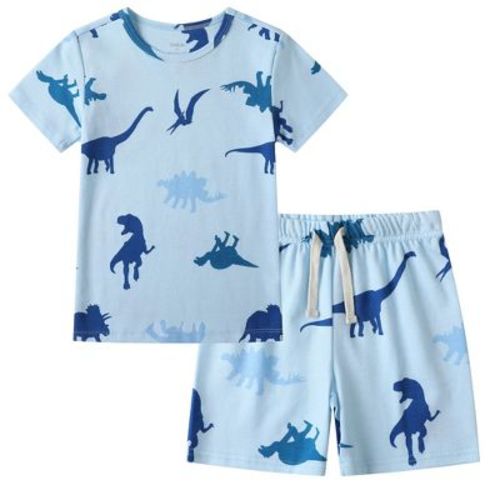 Owlivia Organic Cotton Toddler Short Sleeve Pajama Sets, Baby Summer 2Pc Sleepwear - Blue Dinosaur, 2-3T