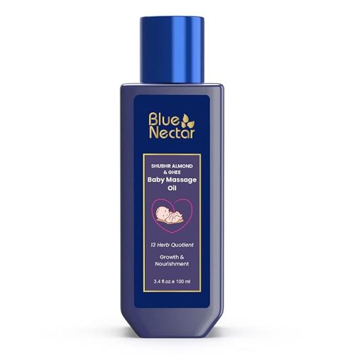 Blue Nectar Ayurveda Gentle Baby Oil for Newborn Skin Care | 100% Natural Moisturizing Coconut Oil, Organic Ghee & Almond Oil for Baby Massage (13 Herbs, 3.38 Fl Oz)