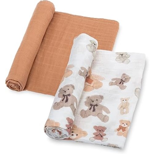 LollyBanks Baby Swaddle Blankets 2 Pack, 100% Cotton Muslin Blanket 47 x 47 Inches, Soft and Breathable Newborn Receiving Blanket for Boys, Cozy Infant Swaddle, Baby Essential (Teddy Bear and Tan)