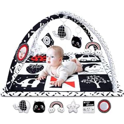 Black and White Baby Gym Play Mat with 6 Toys Tummy Time Activity Mat for Babies 0-6 6-12 Months High Contrast Baby Gyms & Playmats Sensory Toys Newborn Brain Development Infant Play Mat