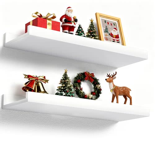 Boswillon Floating Shelves Wall Mounted Set of 2, Modern White Shelves for Bedroom, Nursery Shelves with Lip, Display Picture Ledge Shelf for Wall Decor Living Room Bathroom Kitchen - White