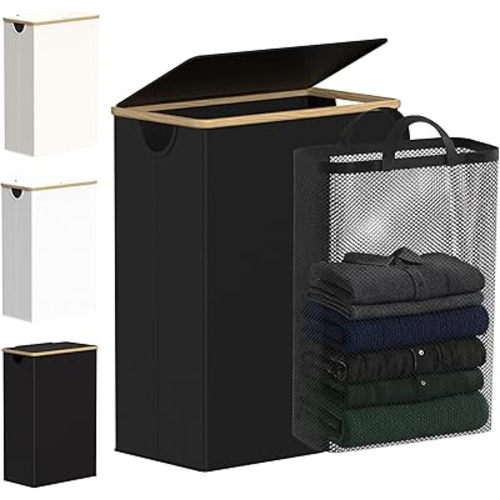 efluky Slim Laundry Basket with Lid, Narrow Laundry Hamper with Removable Bag, Skinny Dirty Clothes Basket with Bamboo Handles for Bathroom, Bedroom & Laundry Room, 65L Black