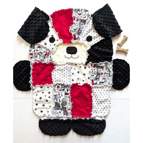 Black, Red & White Puppy Dog Baby Rag Quilt: Flannel Minky Baby Blanket, Toddler Snuggle