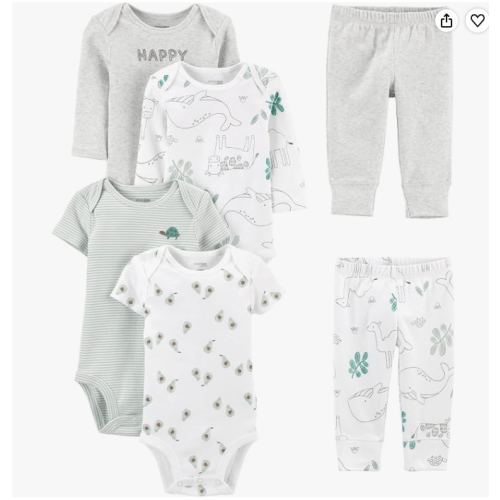 Simple Joys by Carter's unisex-baby 6-Piece Bodysuits (Short and Long Sleeve) and Pants Set, Grey Heather/White Animal Print/Avocados/Stripe/Text Print, 3-6 Months