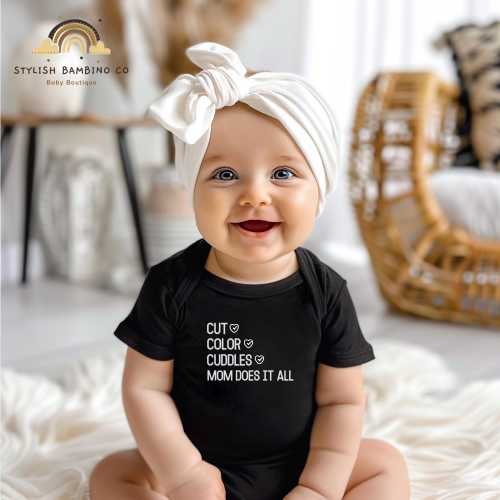 Hair Stylist Mom Baby Onesie® | Gift For Hairdresser, Hair Stylist | Baby Shower Gift | Cut, Color, Cuddles, Mom Does It All