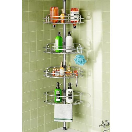 HAMITOR Corner Shower Caddy Tension Pole: 4-Tier Rust-Resistant Adjustable Bathroom Organizer Shelves - 47-121 Inch No-Drill Quick Installation - Space-Saving Storage for Renters Family - Silver Gray