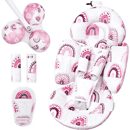Infant Insert Compatible with 4moms Mamaroo Swing and Infant Carseat, Including 3 Replacement Toys, Reversible Newborn Insert for Baby Swing, Stroller, Bouncer, Soft Fabric - Mauve Rainbow