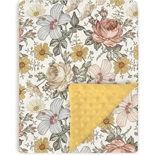 Boho Retro Floral Baby Blankets for Girls 30" x 40", Brown Flower Soft Double Layer Minky Blanket with Dotted Fleece Back, Nursery Bed Receiving Quilt for Newborn Infant Toddler Shower Gift