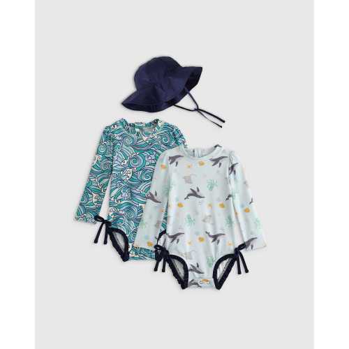 Sunsafe Ruffle One-Piece Rash Guard & Hat Set in Under the Sea/Waves