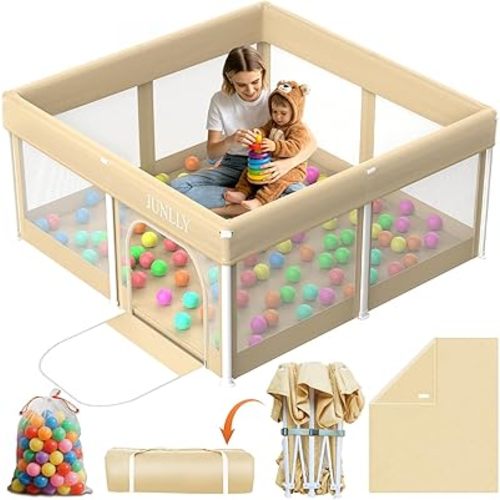 Foldable Playpen for Babies and Toddlers - 50x50 Inches Playpen with Mat - Kids Collapsible Playard with Storage Bag for Indoor & Outdoor - Baby Fence with 30 Ball & Gate - Khaki