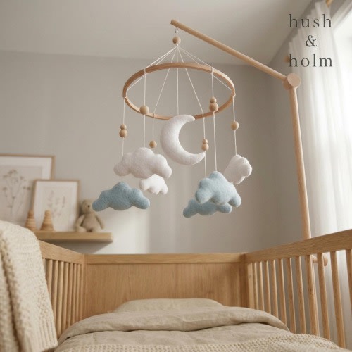 Cloud Moon Baby Mobile, Felt Crib Mobile, Blue & White Nursery Decor