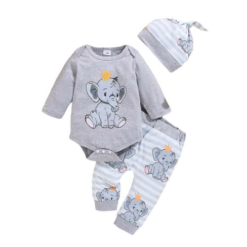 Suealasg 3Pcs Baby Girls Fall Outfits 3 6 9 Months Newborn Girls Long Sleeve Long Sleeve Elephant Print Romper + Pants + Hat Se 12 18 Months Infant Girls Casual Autumn Clothes