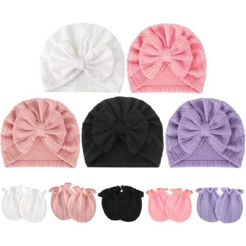 BQUBO Baby Turban Hats and Mittens Set Newborn Infant Hospital Hats Caps with Bows for Baby Boys Girls 0-12 Months