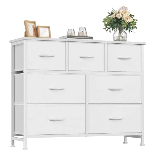 Fabric Dresser for Bedroom with 7 Drawers, Chest of Drawers | Wood Top and Metal Frame Organizer for Clothes, Closet, Entryway, Hallway, Livingroom Furniture, White