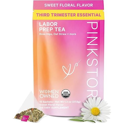 Pink Stork Labor Prep Tea, Organic Red Raspberry Leaf with Chamomile and Rosehip, Caffeine-Free, Pregnancy Must Haves, Labor and Delivery Essentials, Third Trimester Pregnancy - 15 Sachets