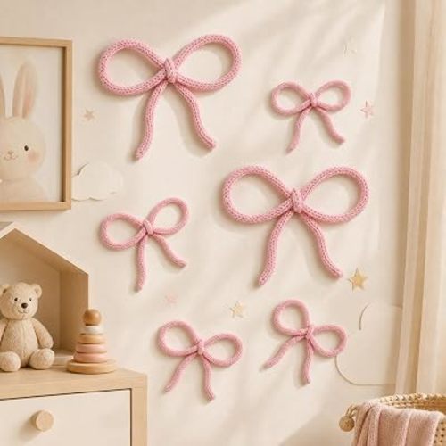 Barydat 6 Pcs Pink Bow Wall Decor Coquette Bow Nursery Decor for Girls Women Back to School Dormitory Decoration Aesthetic Woven Macrame Wall Hanging for Bedroom Classroom Home Dorm Baby Shower